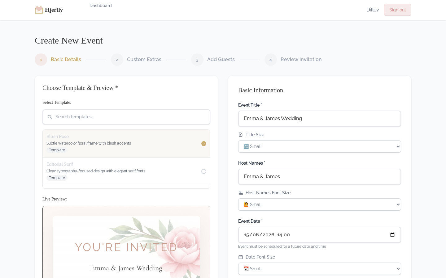 Wedding invitation editor showing template customization